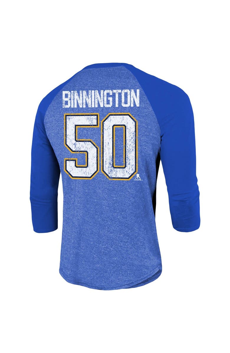 FANATICS Men's Fanatics Branded Jordan Binnington Blue St. Louis Blues Name & Number Tri-Blend Raglan 3/4-Sleeve T-Shirt, Alternate, color,