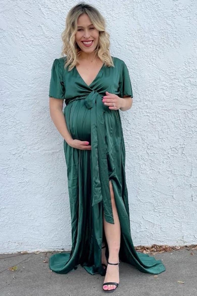 Side Slit Satin Maxi Dress, Alternate, color, Forest Green