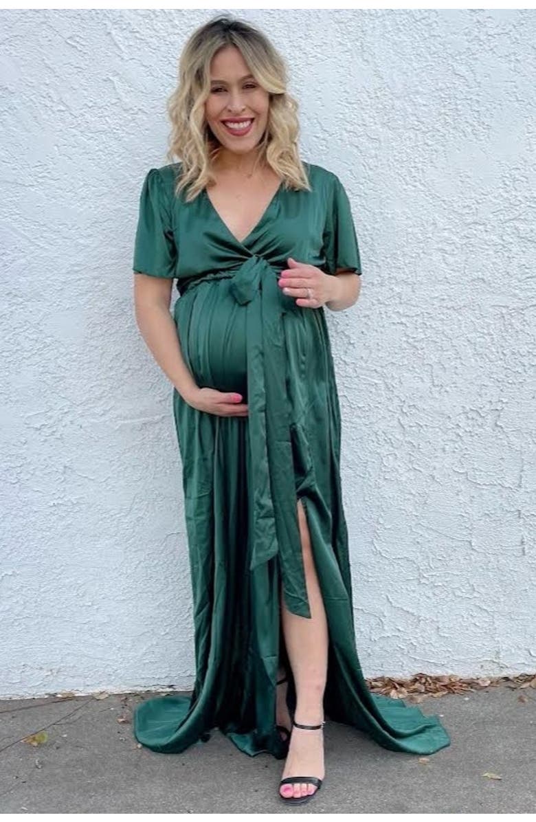 PinkBlush Side Slit Satin Maxi Dress, Alternate, color, Forest Green