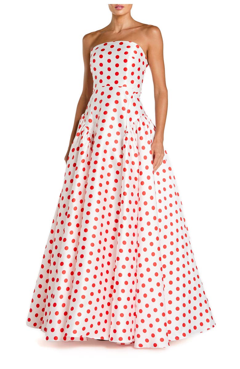 Mac Duggal Strapless Polka Dot Mikado Ballgown, Main, color, White Multi