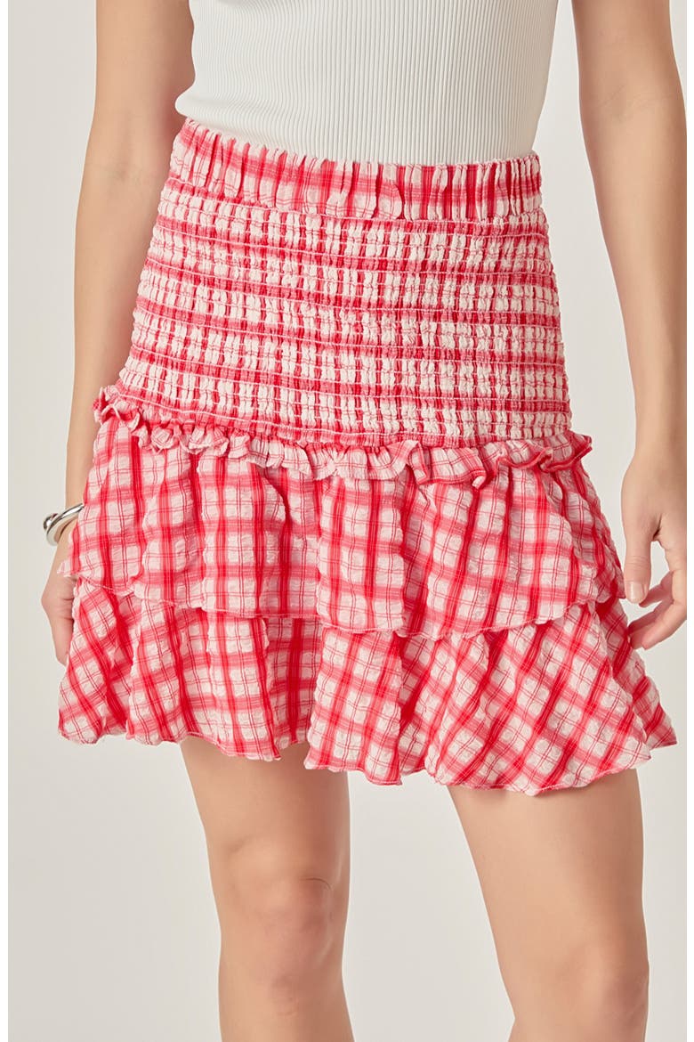 Plaid Smocked Waist Ruffle Miniskirt, Alternate, color, RED