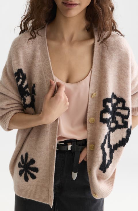 Oversize Floral Intarsia Button Front Cardigan