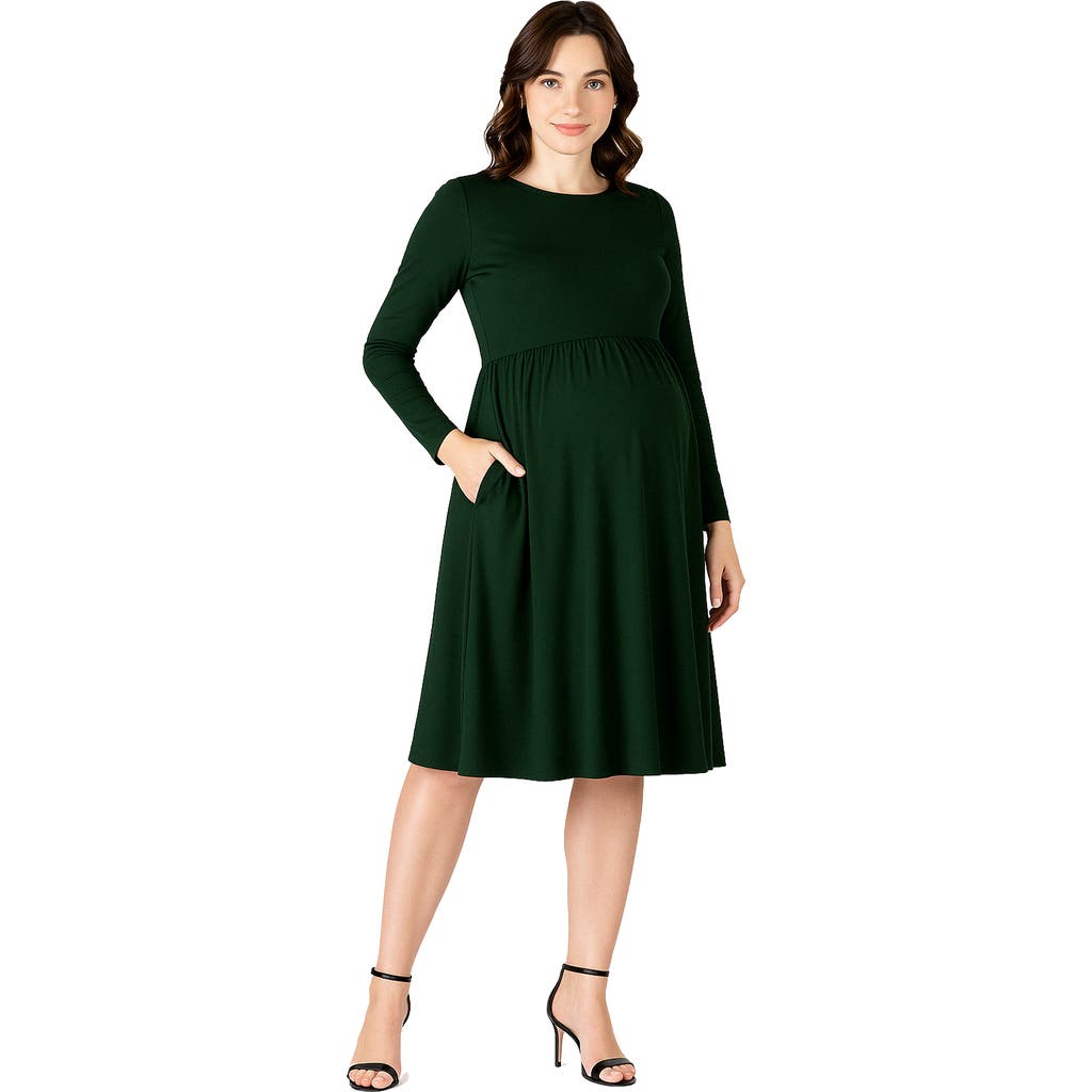 24seven Comfort Apparel Maternity Midi Length Fit And Flare Pocket Dress In Multi