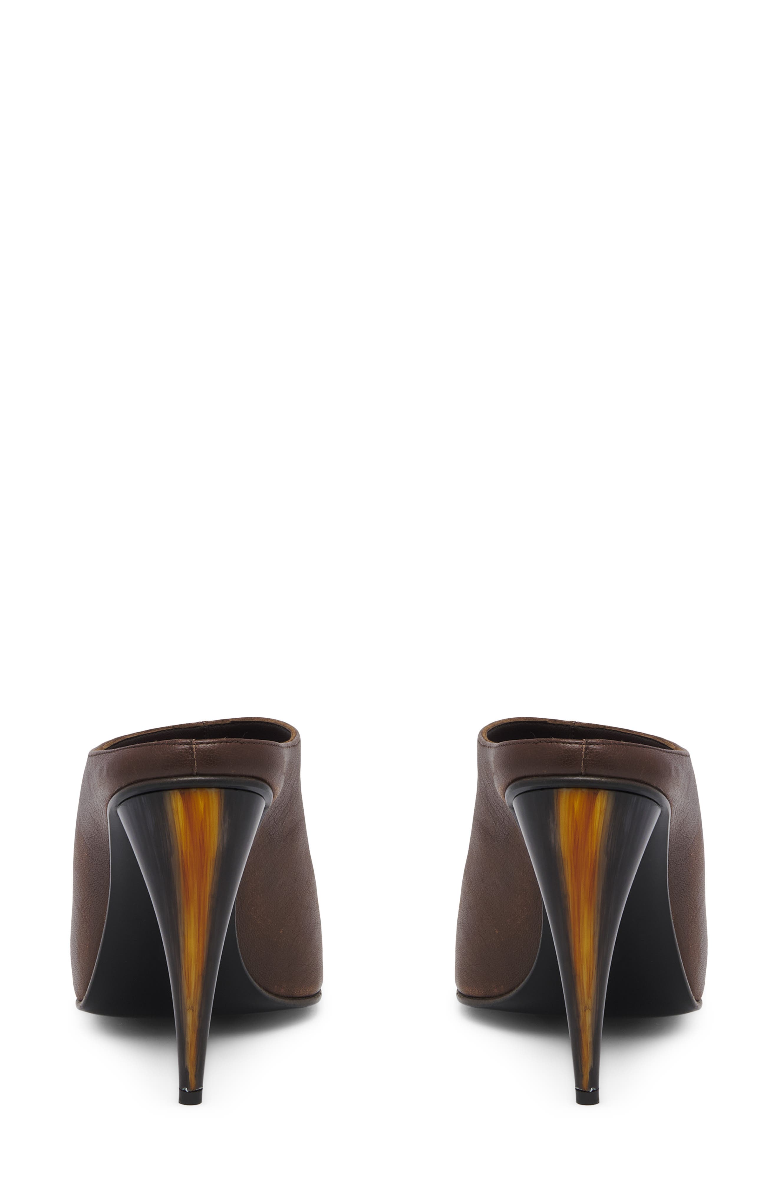 McQueen Horn Shaped Heel Peep Toe Mule, Alternate, color, Vintage Brown