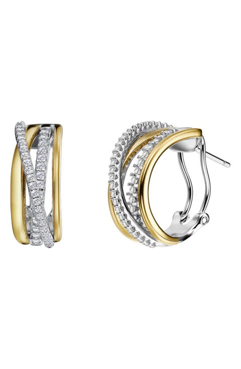 Simulated Diamond Two-Tone Crossover Hoop Earrings