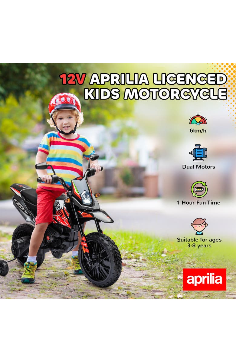 Qaba 12V Kids Motorcycle, Aprilia Licenced with Training Wheels, Spring Suspension, Alternate, color, Red