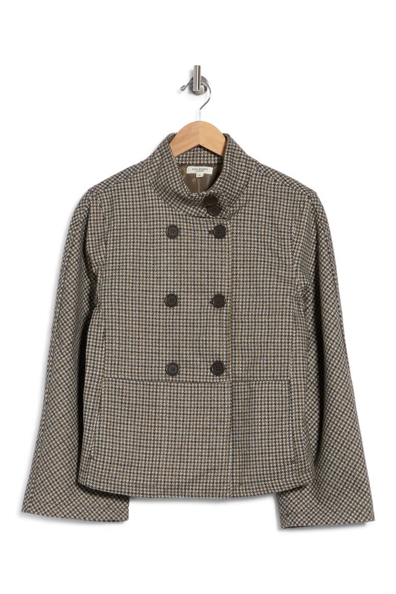 Brushed Double Knit Funnel Neck Jacket, Main, color, BLACK/ KHAKI HOUNDSTOOTH