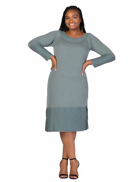 Ribbed Knit Long Sleeve Split Hem Sweater Dress