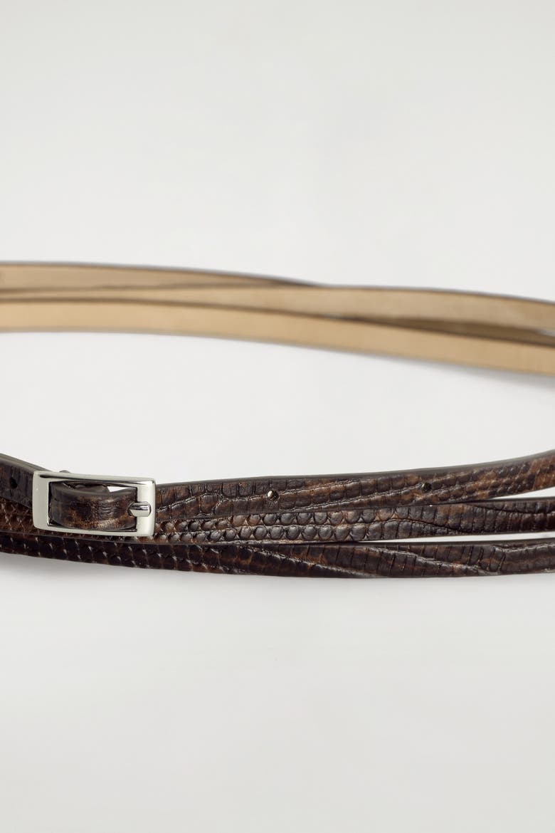 Skinny Double-wrap Leather Belt, Alternate, color, BROWN / LIZARD EFFECT