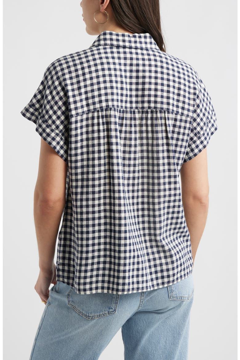 Short Sleeve Linen Blend Button-Up Shirt, Alternate, color, NAVY STILL- IVORY BEA GINGHAM