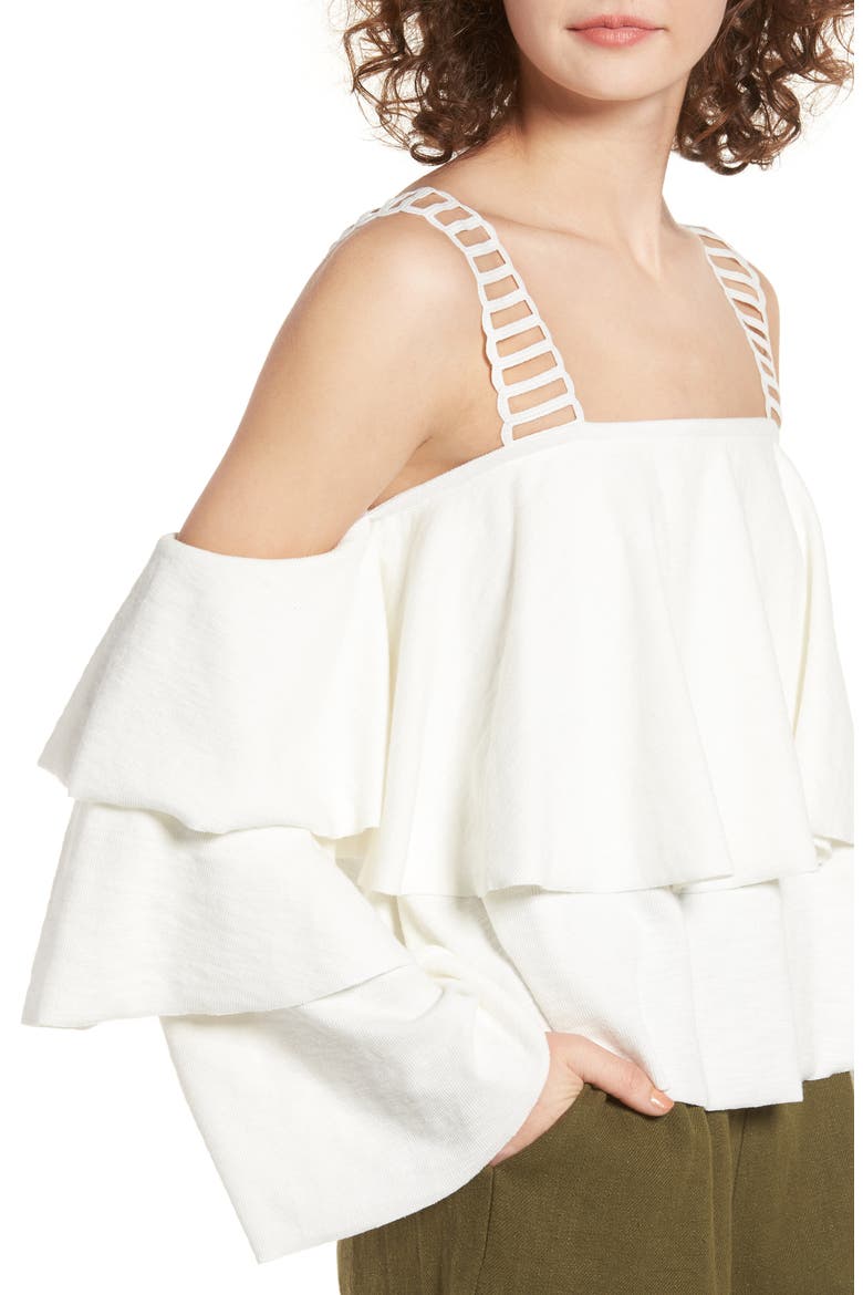 Lace & Ruffle Off the Shoulder Top, Alternate, color, OFF WHITE