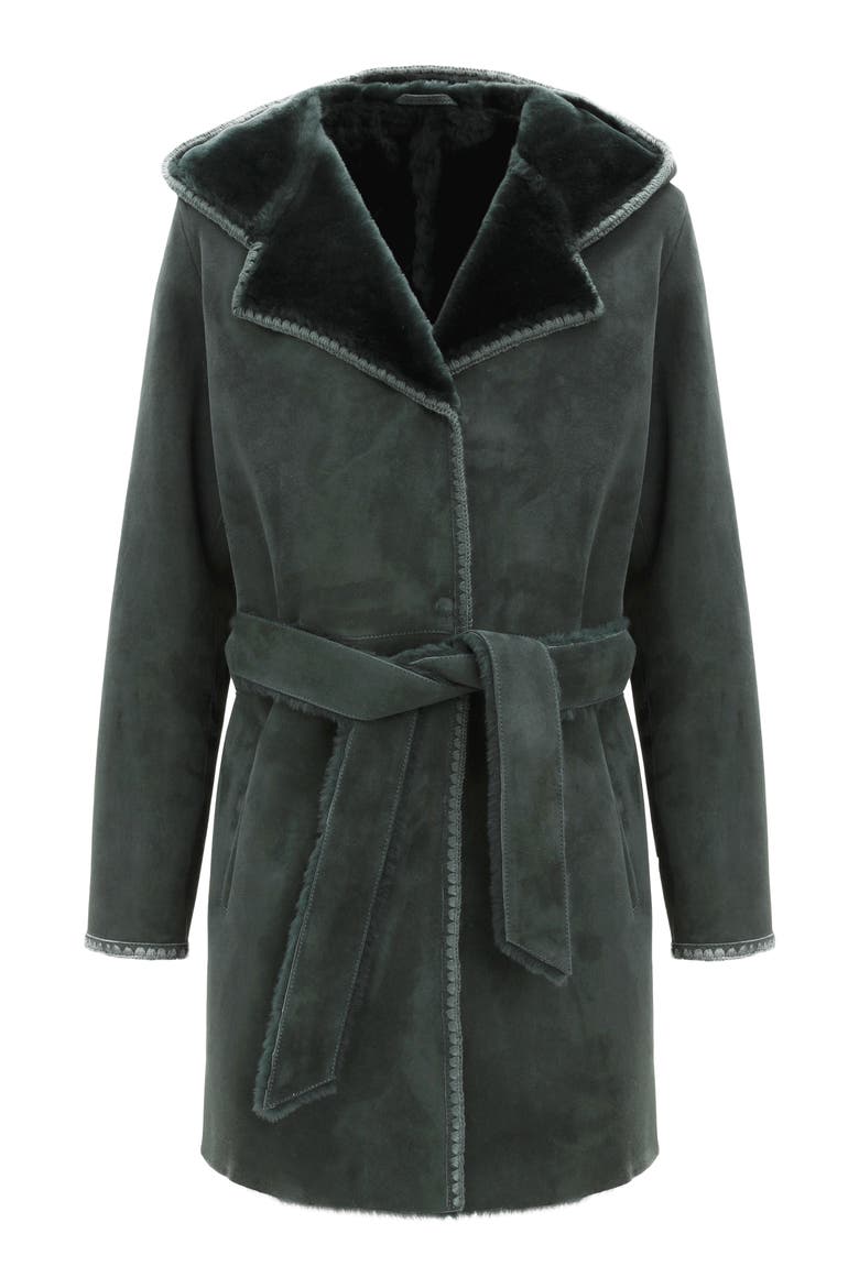 Genuine Shearling Belted Parka with Embroidered Trim, Alternate, color, Emerald
