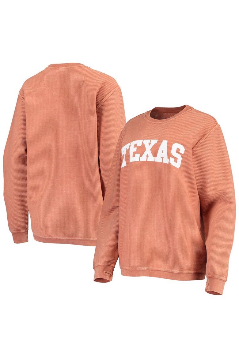 Women's Pressbox Texas Orange Texas Longhorns Comfy Cord Vintage Wash Basic Arch Pullover Sweatshirt, Main, color, Burnt Orange