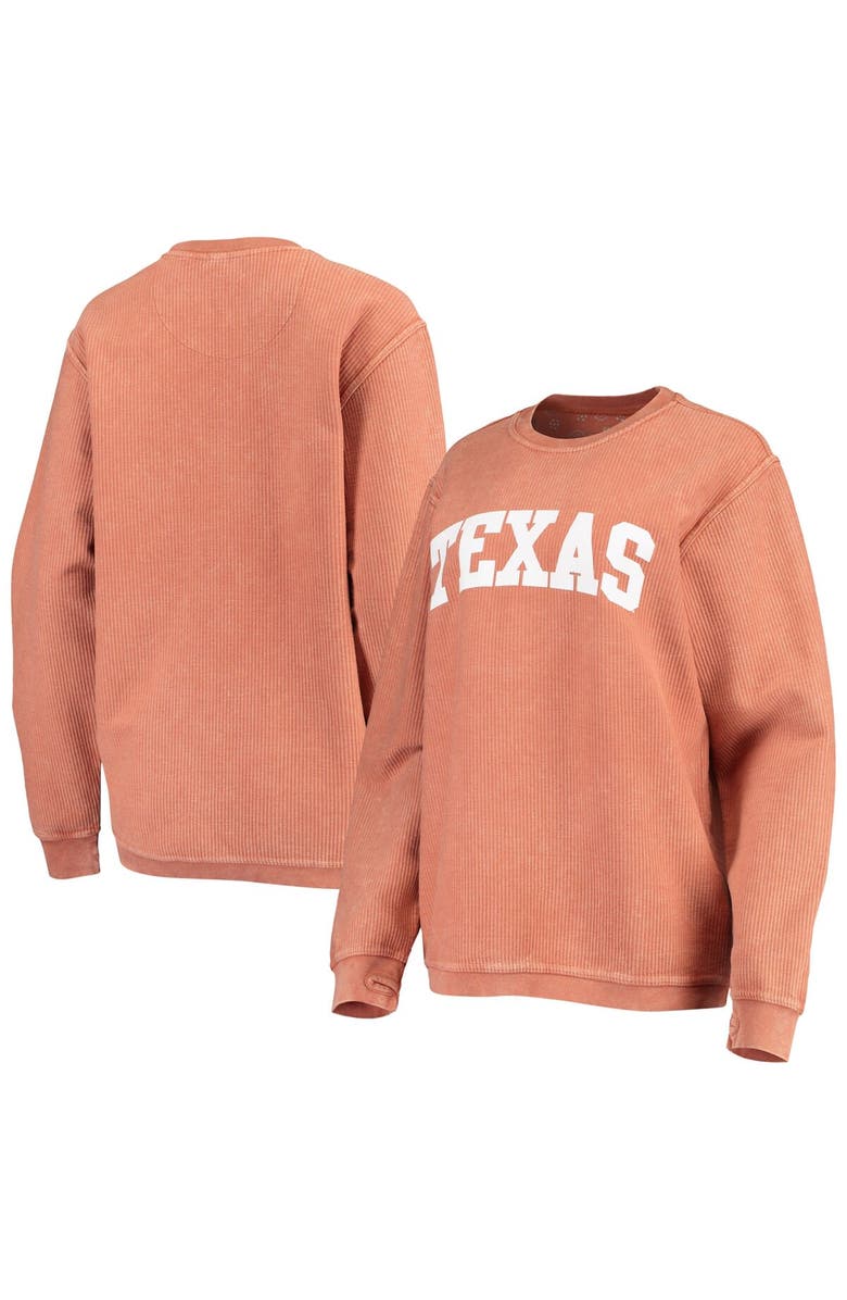 PRESSBOX Women's Pressbox Texas Orange Texas Longhorns Comfy Cord Vintage Wash Basic Arch Pullover Sweatshirt, Main, color, Burnt Orange