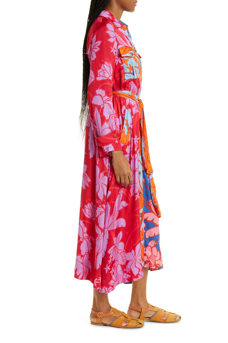 Floral Print Tie Waist Long Sleeve Midi Dress, Alternate, color, PINK