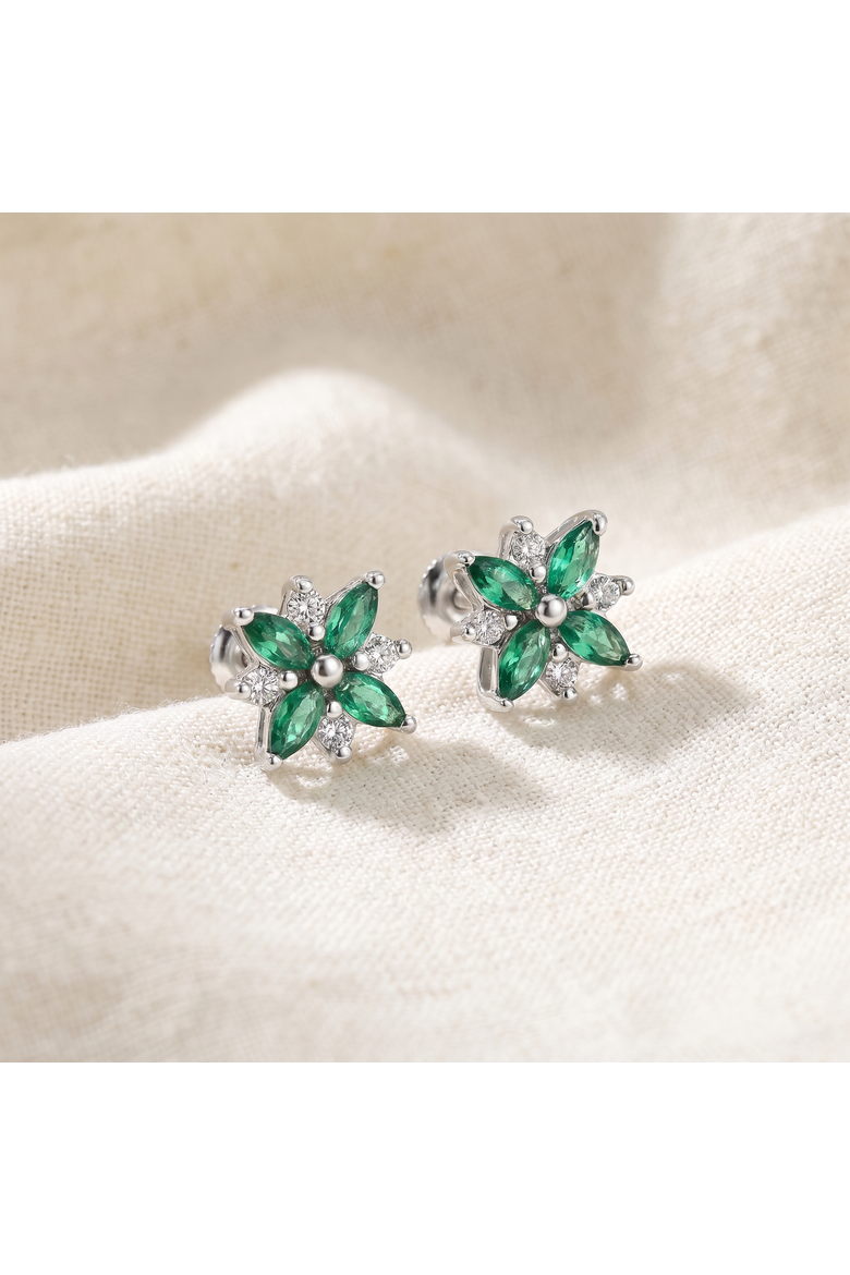 .60Ct Petal Green Emerald Diamond Earrings 14k Gold Lab Grown Studs, Alternate, color, 14k White Gold