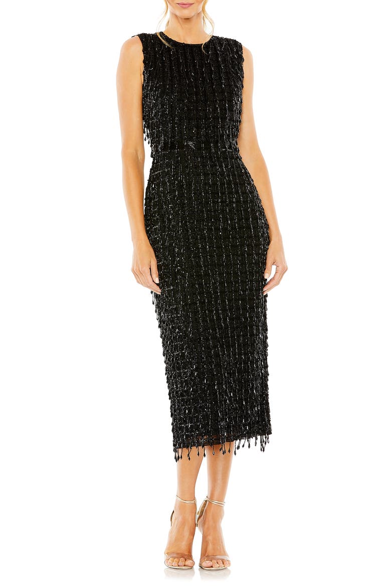 Dazzling Sleeveless High Neck Beaded Midi Sheath Dress, Main, color, BLACK