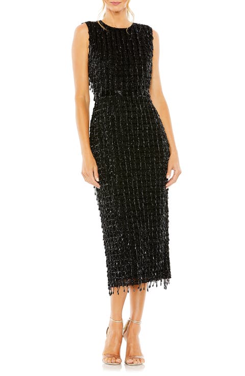 Beaded Fringe Black Sleeveless Midi Dress
