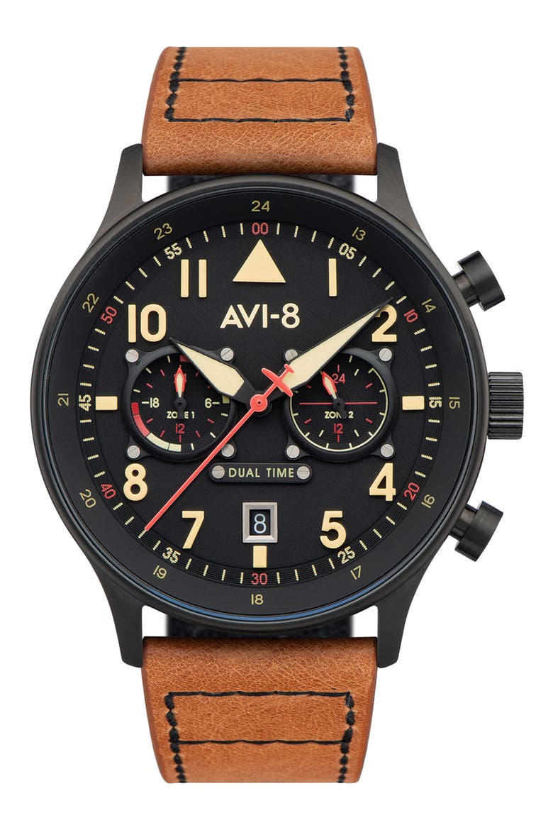 Hawker Hurricane Carey Chronograph Leather Strap Watch, 44mm, Main, color, BLACK