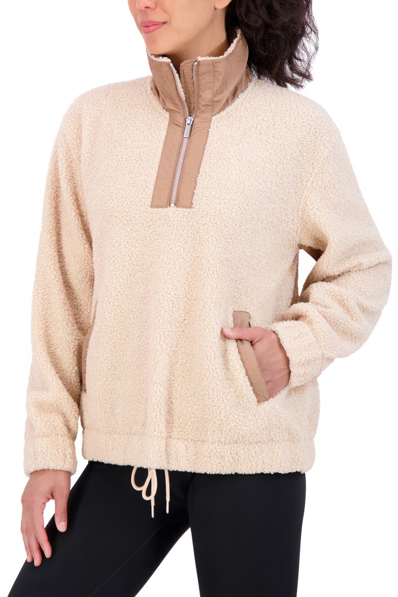 Woven Trim Faux Shearling Pullover, Alternate, color, CREAM