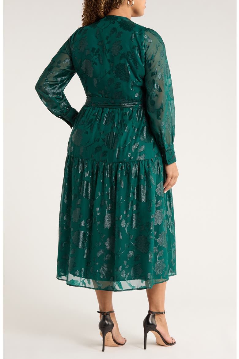 Floral Metallic Long Sleeve Asymmetric Tiered Dress, Alternate, color, MIDNIGHT PINE