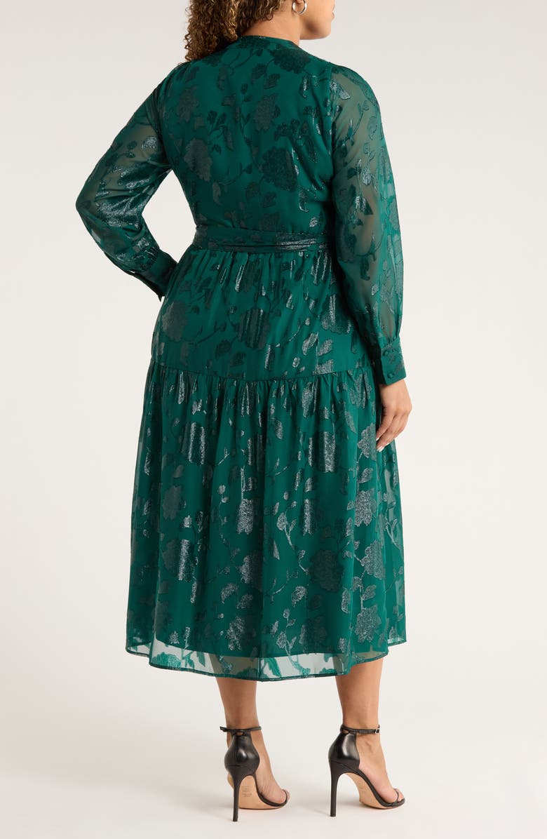 Anne Klein Floral Metallic Long Sleeve Asymmetric Tiered Dress, Alternate, color, Midnight Pine