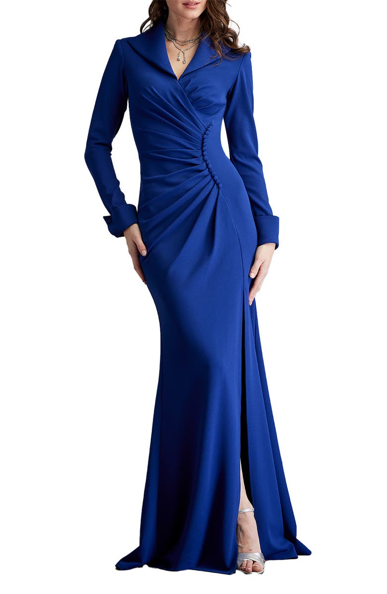 Tadashi Shoji High Collar Long Sleeve Crepe Gown, Alternate, color, 
