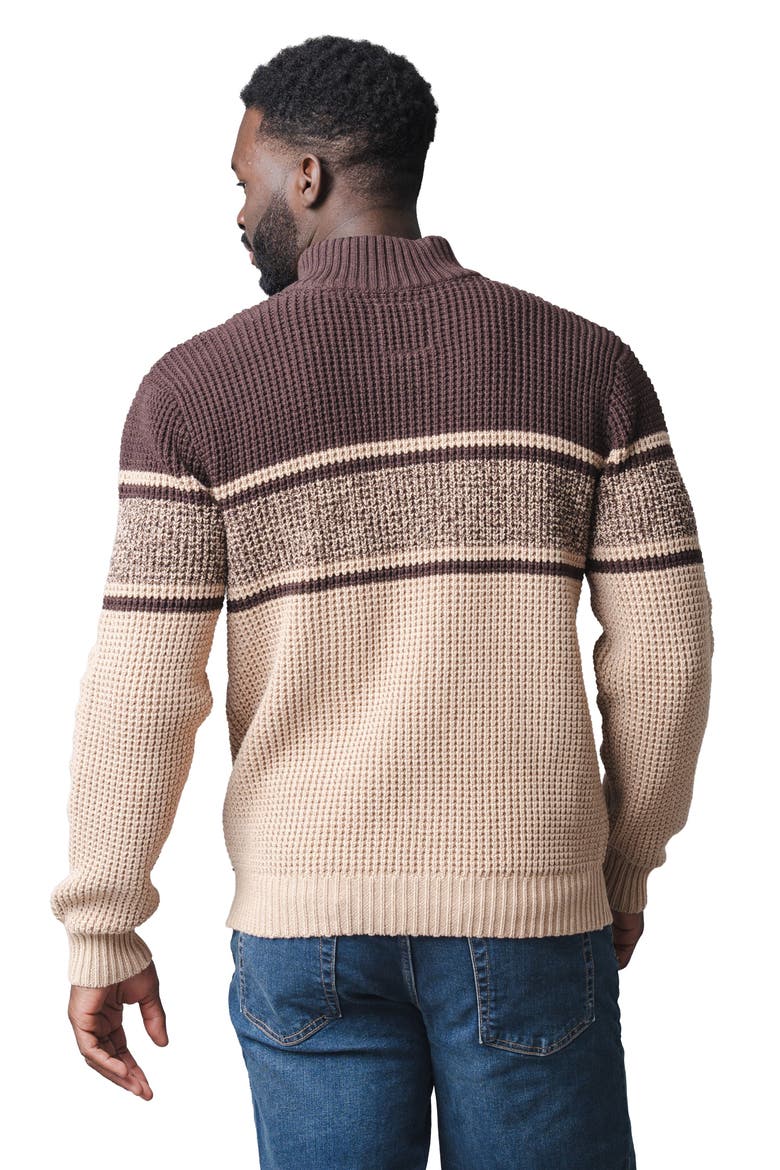 Organic Mock Neck Waffle Sweater, Alternate, color, Camel and Chocolate Stripe