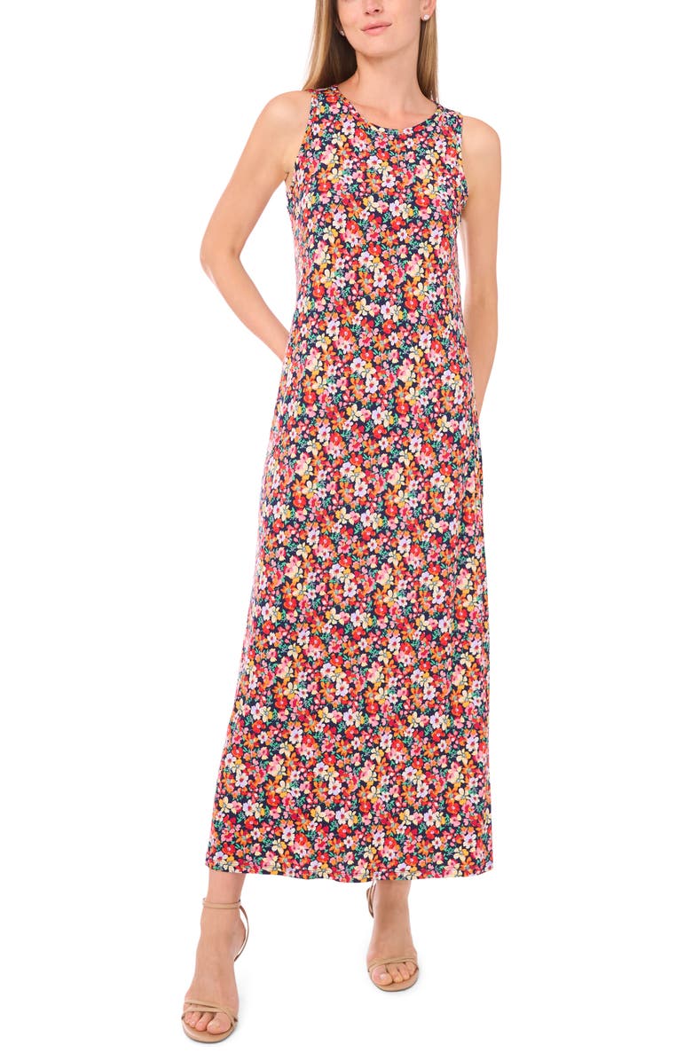 Vince Camuto Floral Print Sleeveless Maxi Dress, Main, color, Navy/ Coral Floral