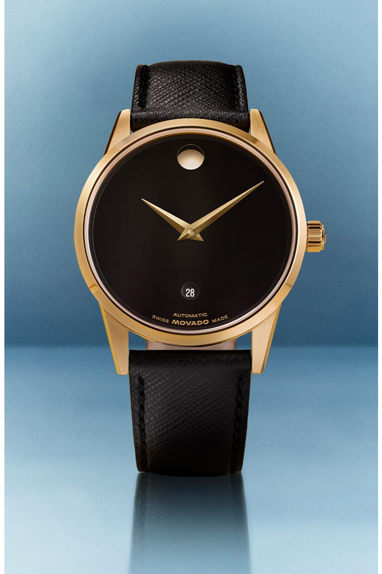 Museum Classic Automatic Leather Strap Watch, 40mm, Alternate, color, BLACK/ GOLD