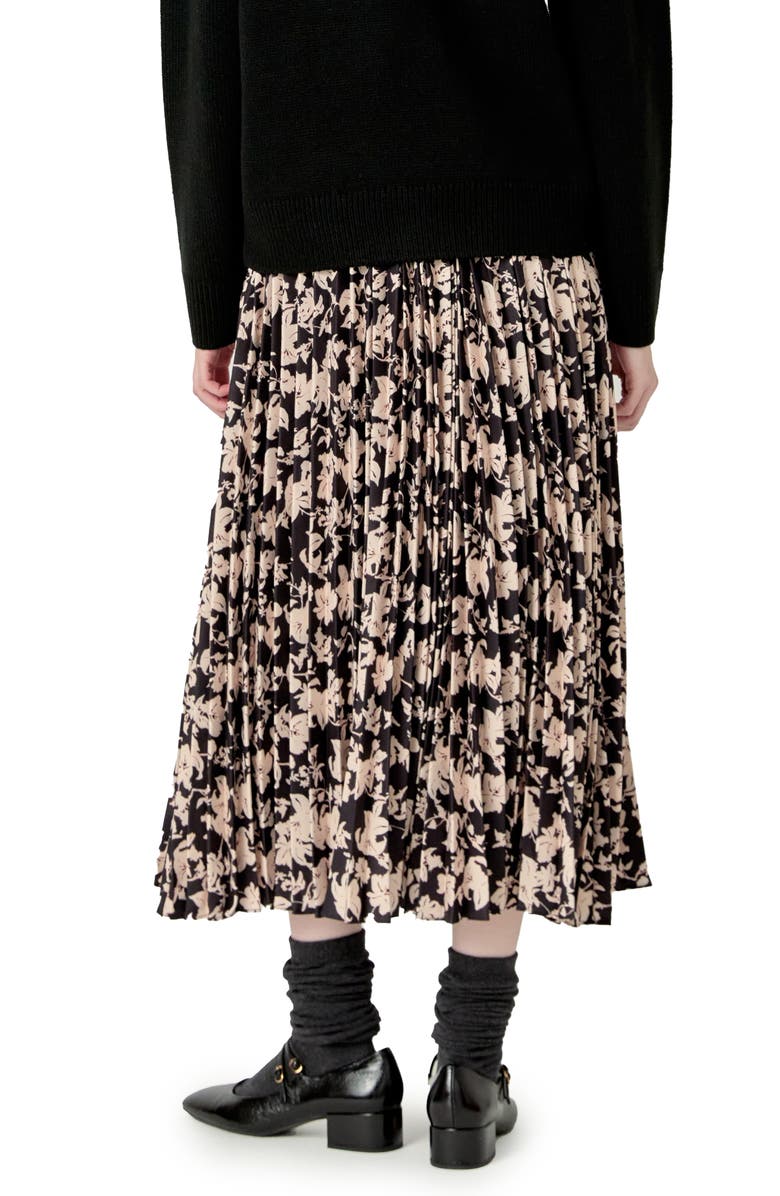 English Factory Floral Print Pleated Midi Skirt, Alternate, color, Black Multi