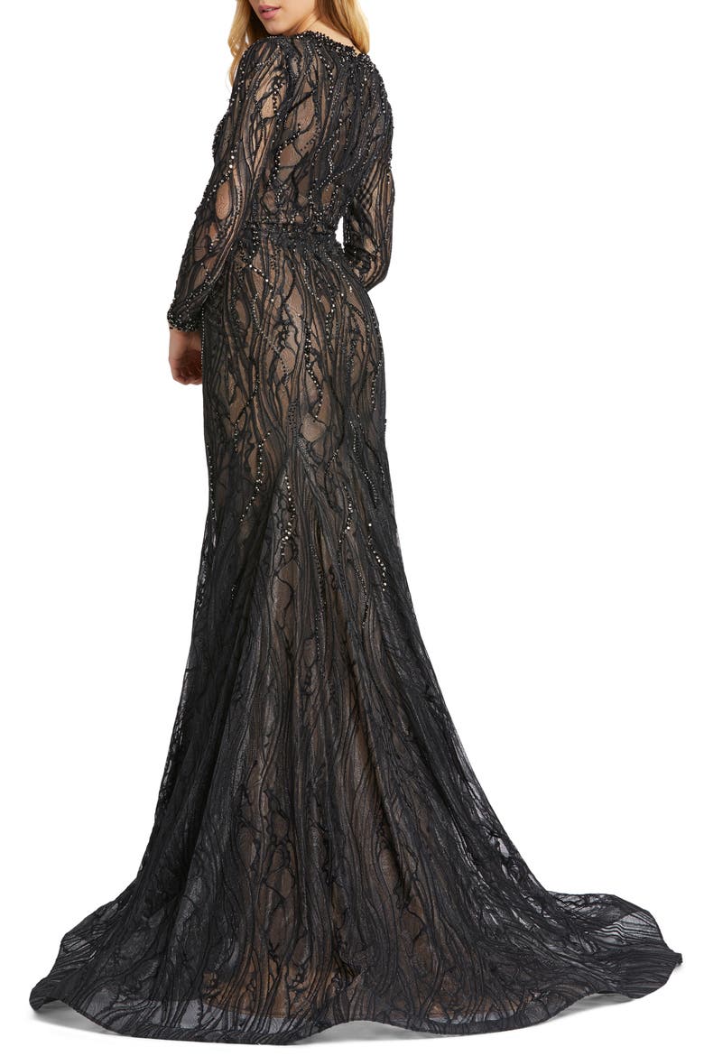 Long Sleeve Lace Beaded Mermaid Gown, Alternate, color, BLACK NUDE