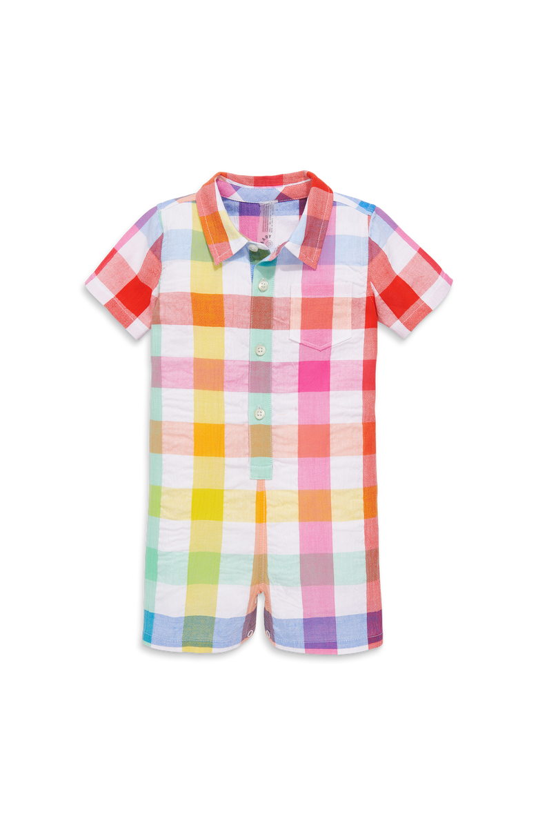 Primary Baby Button Down Shortie In Rainbow Gingham, Main, color, White Rainbow Check