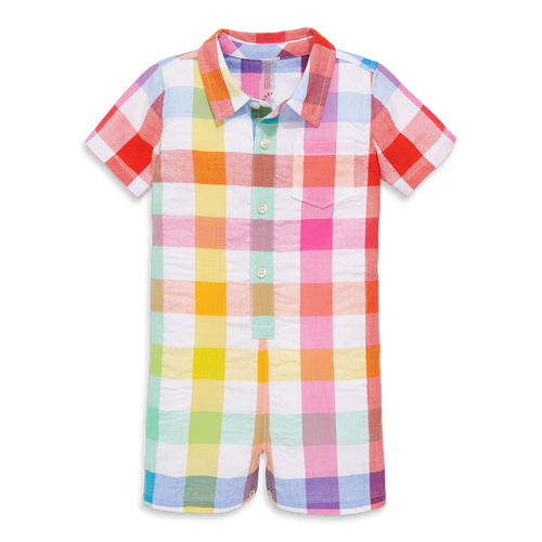 Primary Baby Button Down Shortie In Rainbow Gingham In White Rainbow Check