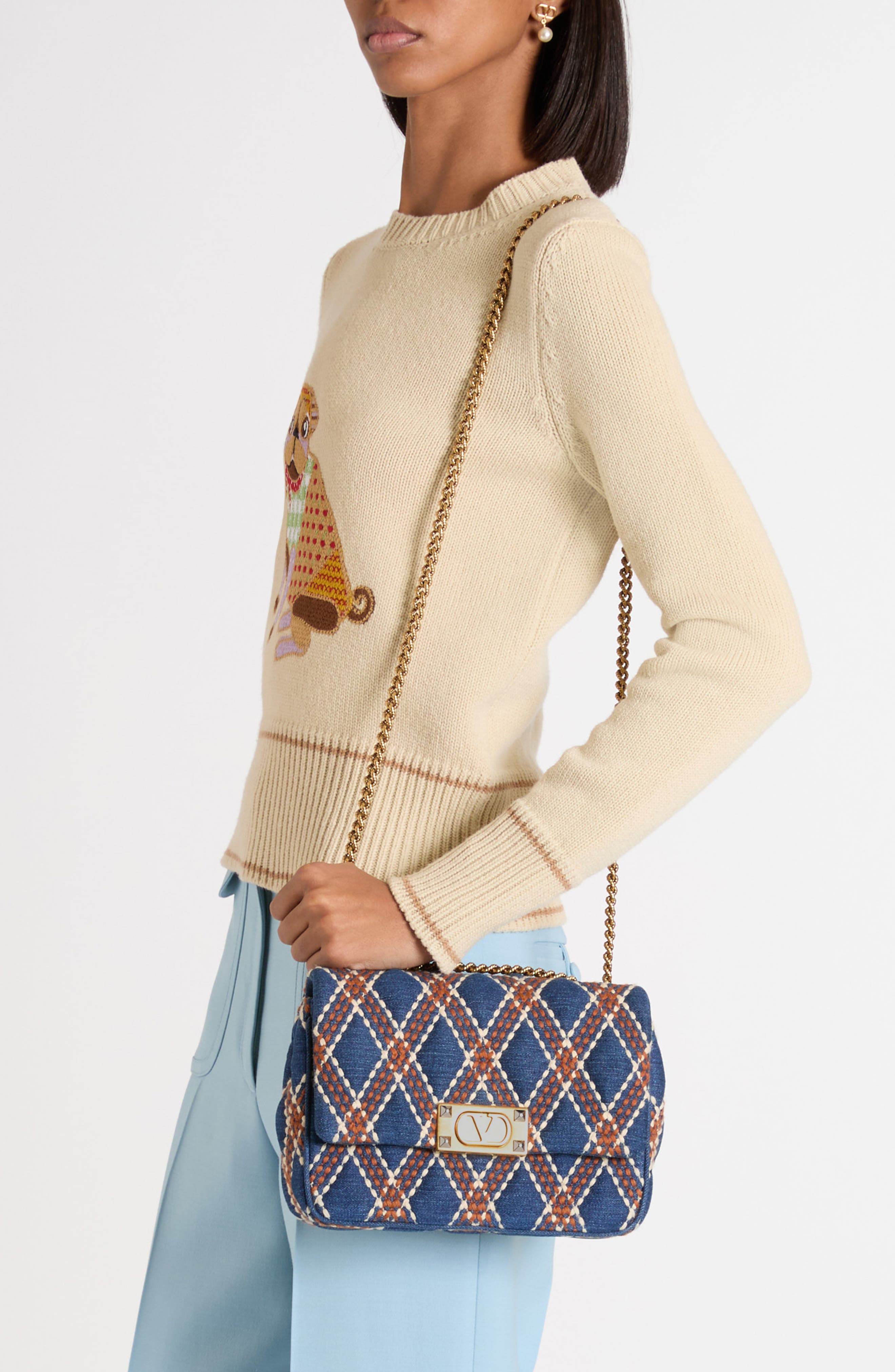 Valentino Garavani Medium Quiltie 67 Quilted Denim Shoulder Bag, Alternate, color, 