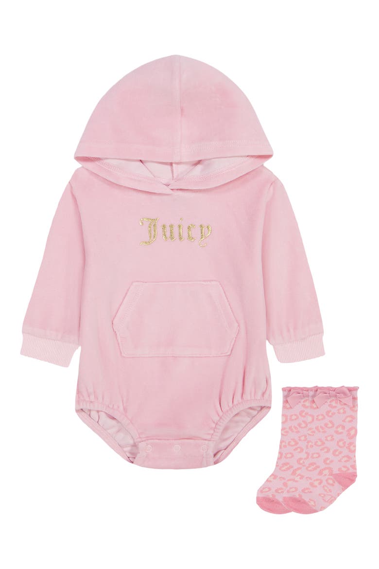 Kids' Hooded Velour Bodysuit & Socks Set, Main, color, PINK