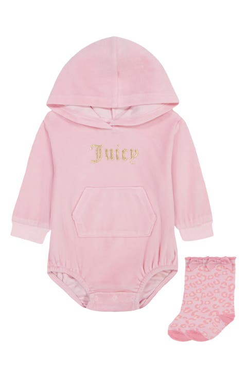 Kids' Hooded Velour Bodysuit & Socks Set