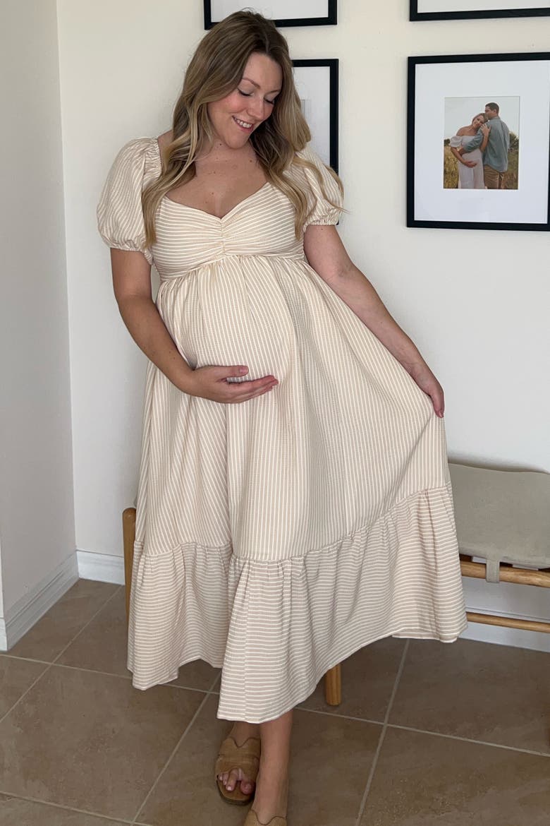 Sweetheart Stripe Smocked Back Midi Dress, Alternate, color, Beige