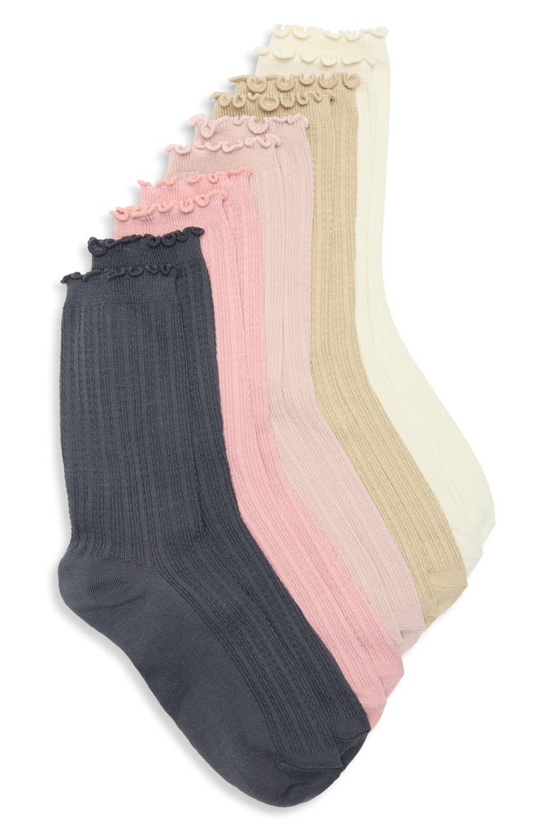 5-Pack Lettuce Edge Ribbed Crew Socks, Main, color, IVORY/ PINK MULTI
