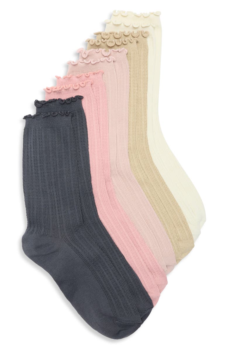 NORDSTROM RACK 5-Pack Lettuce Edge Ribbed Crew Socks, Main, color, Ivory/ Pink Multi