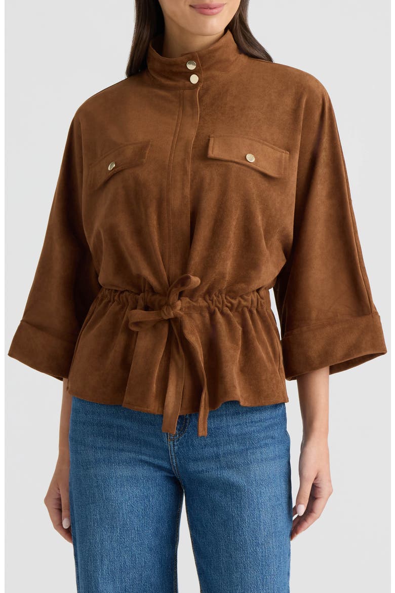 Faux Suede Tie Waist Jacket, Main, color, DARK TAN