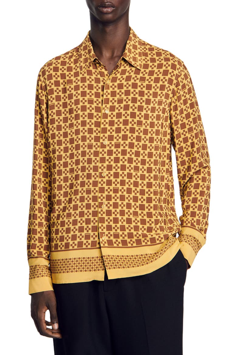 Square cross motif flowing shirt, Main, color, Camel