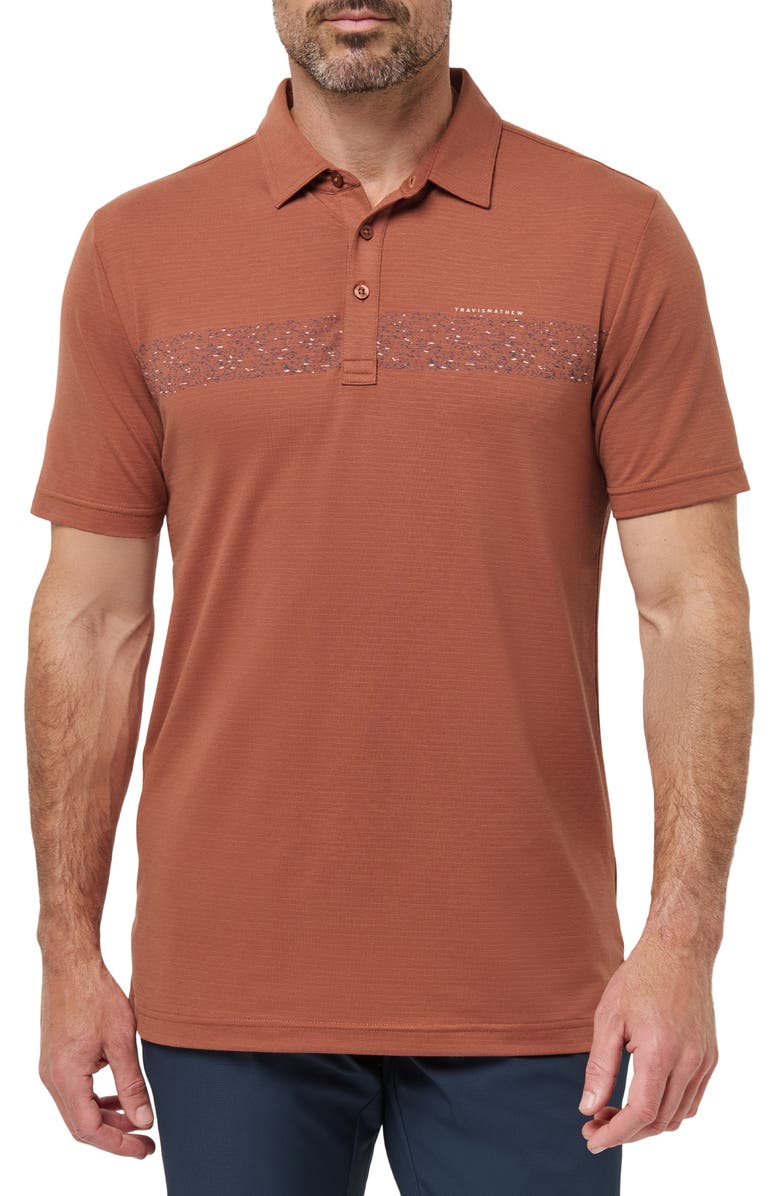 TravisMathew The Heater Chest Stripe Performance Golf Polo, Main, color, Maple