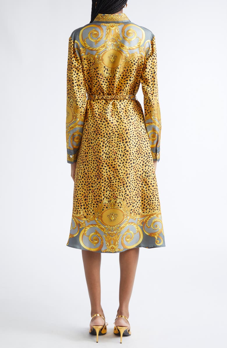 Versace Cheetah Barocco Print Long Sleeve Silk Belted Shirtdress, Alternate, color, Light Grey Elephant Grey