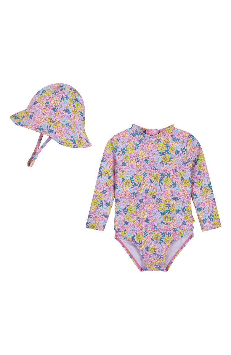 Andy & Evan Long Sleeve One-Piece Rashguard Swimsuit & Sun Hat Set, Main, color,