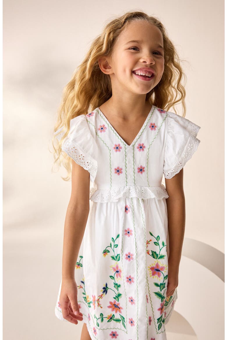 Kids' Floral Embroidered Cotton Dress, Alternate, color, WHITE