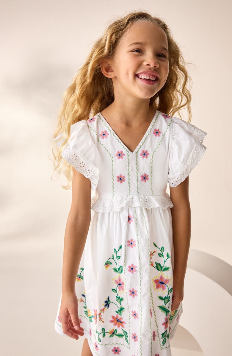 NEXT Kids' Floral Embroidered Cotton Dress, Alternate, color, White