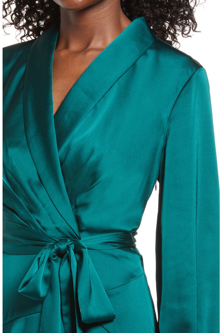 Mikayla Long Sleeve Satin Wrap Minidress, Alternate, color, WINTER EMERALD