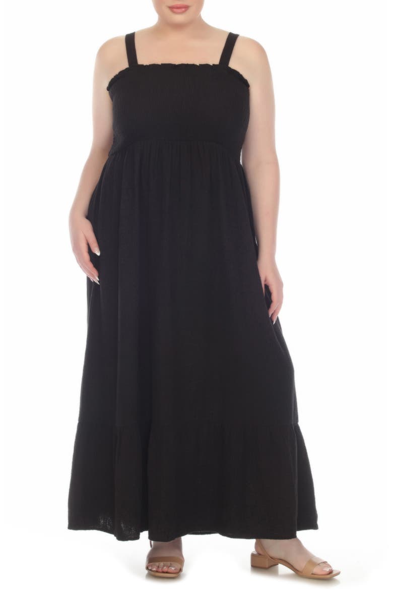 Smocked Tiered Cotton Maxi Sundress, Main, color, BLACK