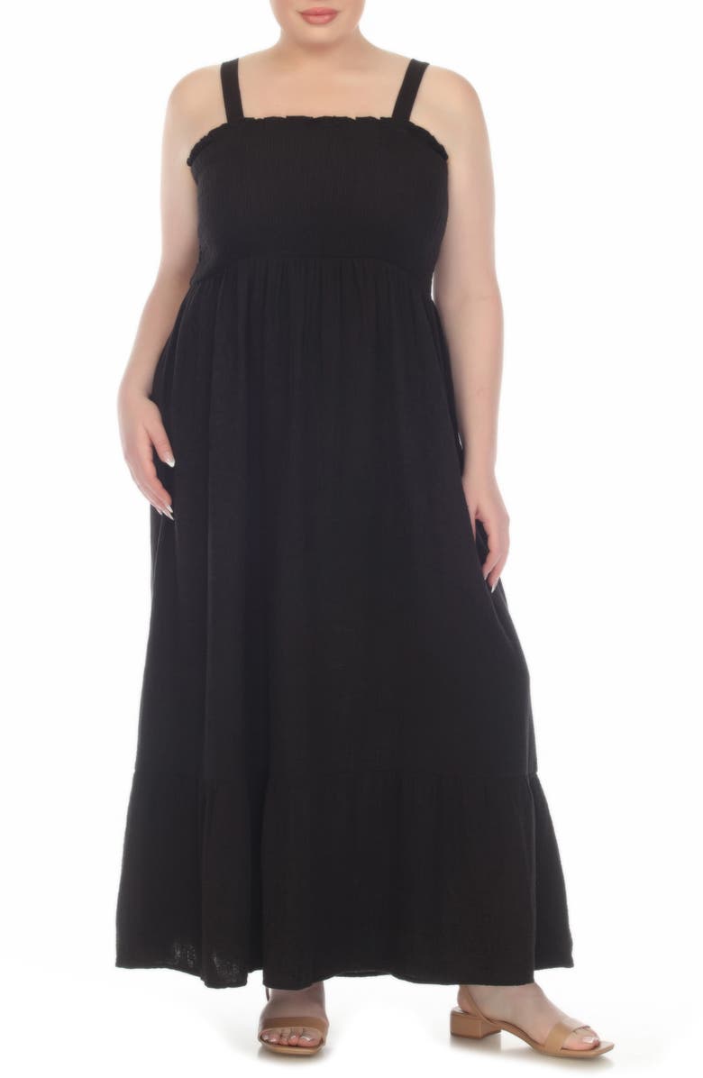 BOHO ME Smocked Tiered Cotton Maxi Sundress, Main, color, Black